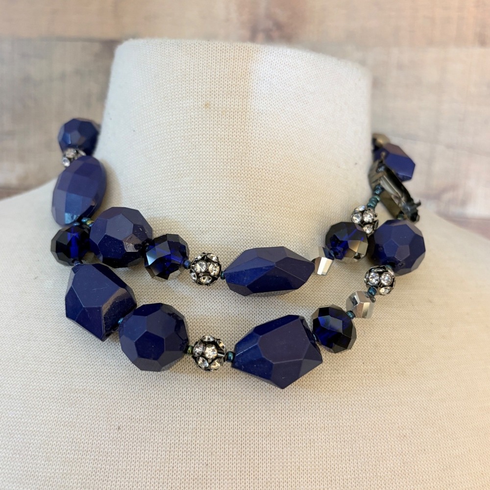 Navy Blue Statement Necklace Double Strand Faceted Beads Rhinestone Accents